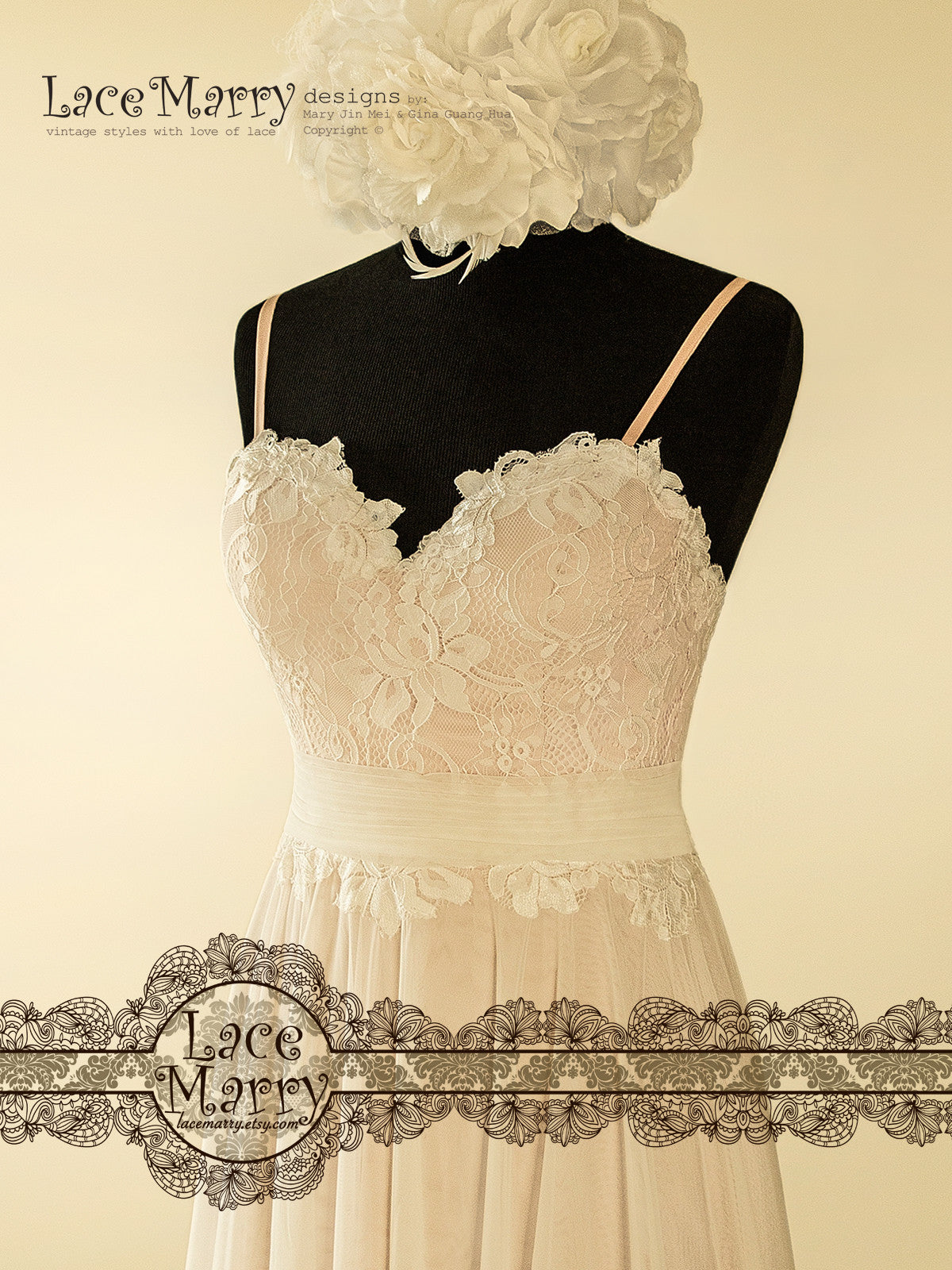 Boho Wedding Dress with Floral Lace Applique