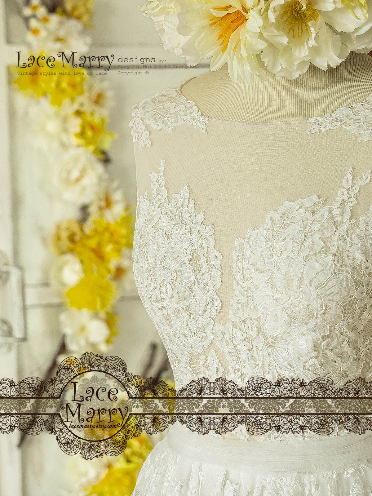 Illusion Neckline Boho Lace Wedding Dress