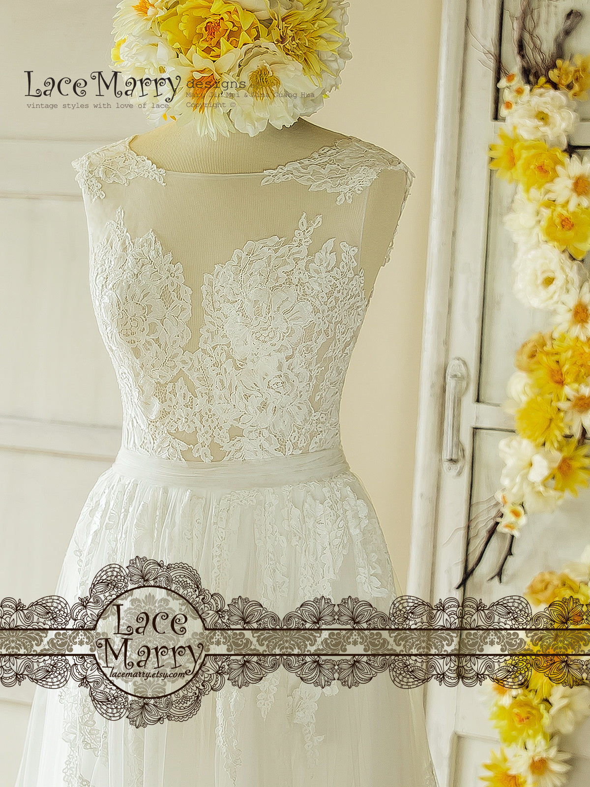 Trendy Lace Wedding Dress in Bohemian Style from Soft Tulle - LaceMarry Trendy Lace Wedding Dress in Bohemian Style from Soft Tulle - LaceMarry
