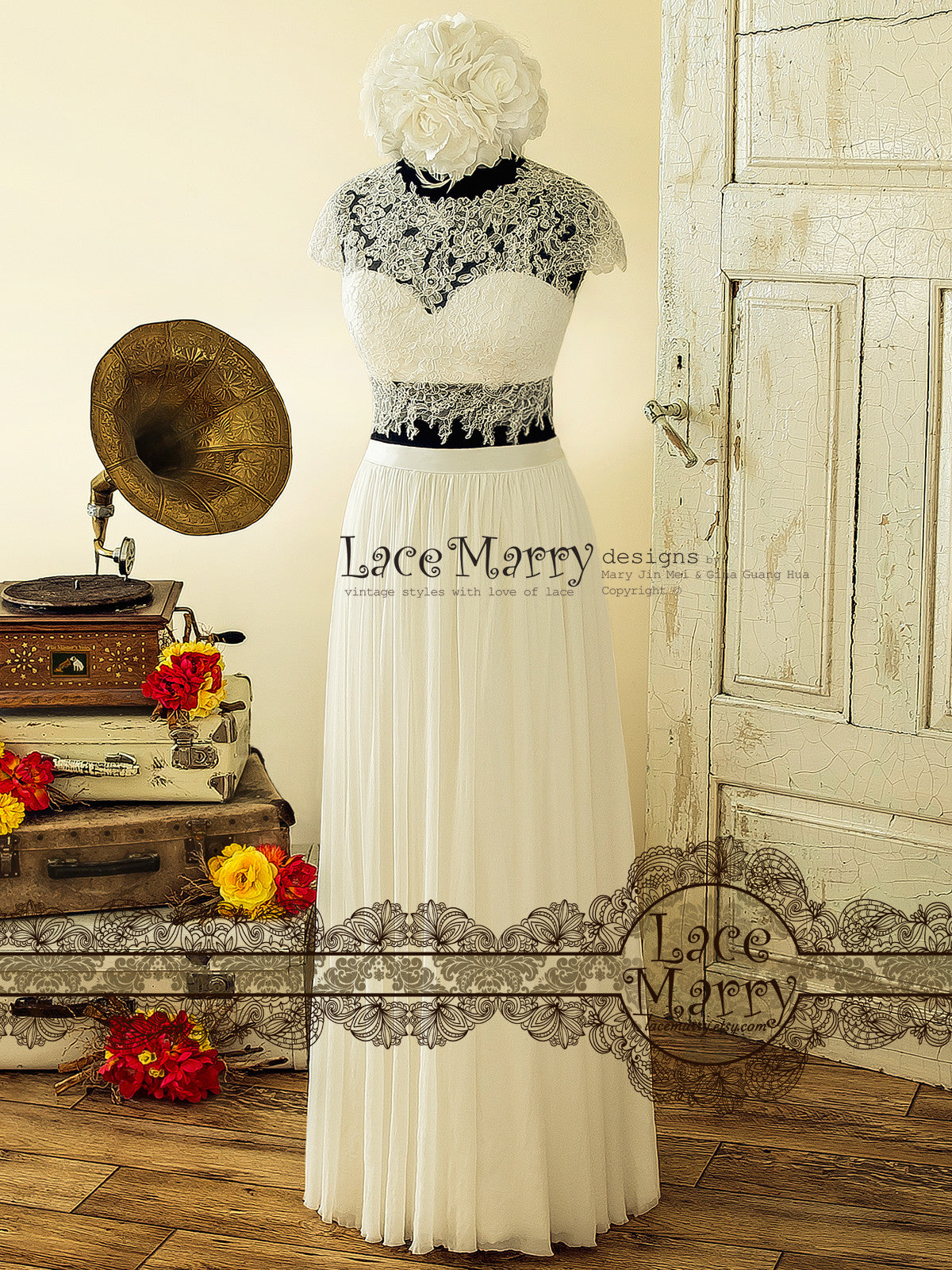 Two Piece Boho Style Wedding Dress with A Line Tulle Skirt - LaceMarry