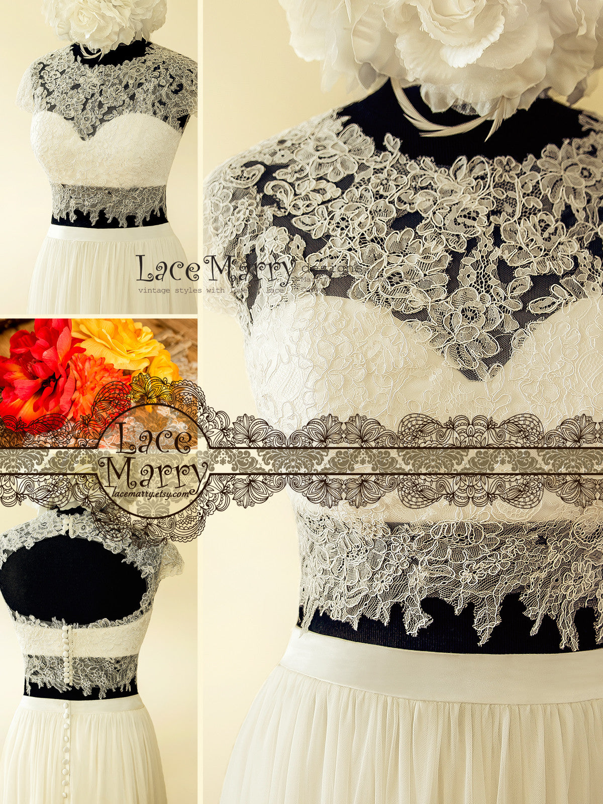 Alencon Lace Applique Two Piece Wedding Dress