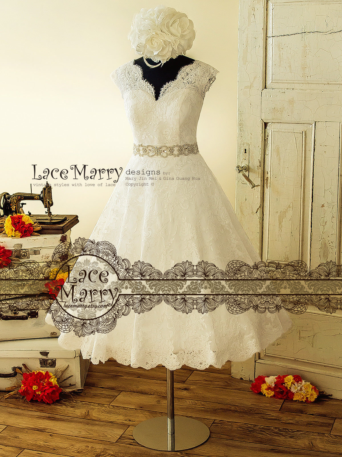 Tea Length Lace Wedding Dress
