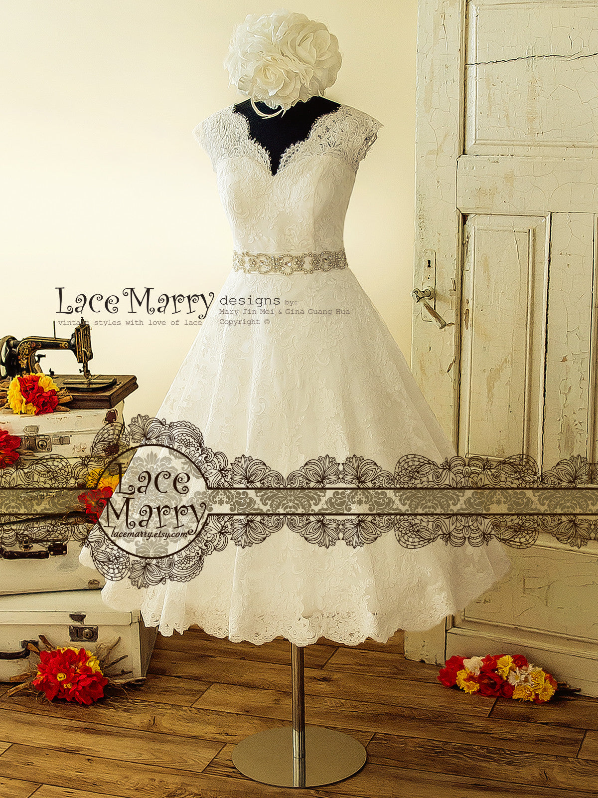 50s Inspired Tea Length Wedding Dress from Alencon Scalloped Lace
