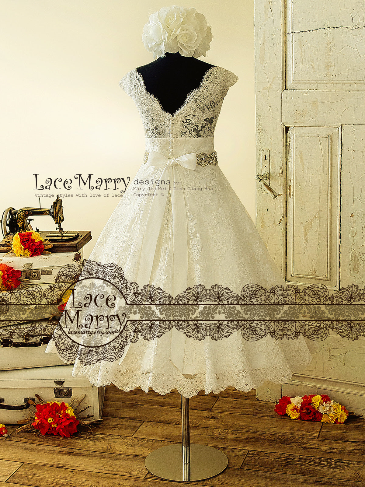50s Inspired Tea Length Wedding Dress from Alencon Scalloped Lace - LaceMarry 50s Inspired Tea Length Wedding Dress from Alencon Scalloped Lace - LaceMarry