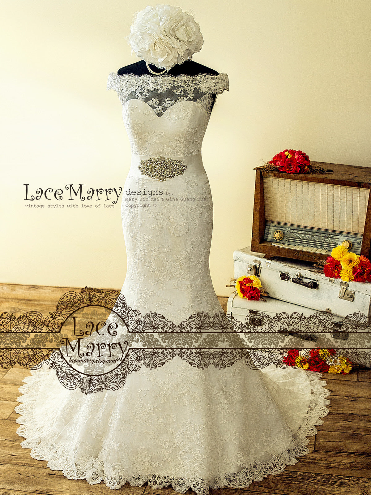 Off Shoulder Trumpet Wedding Dress with Sash