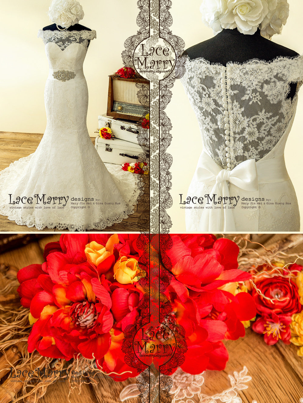 Off-Shoulder Lace Wedding Dress with Beaded Sash