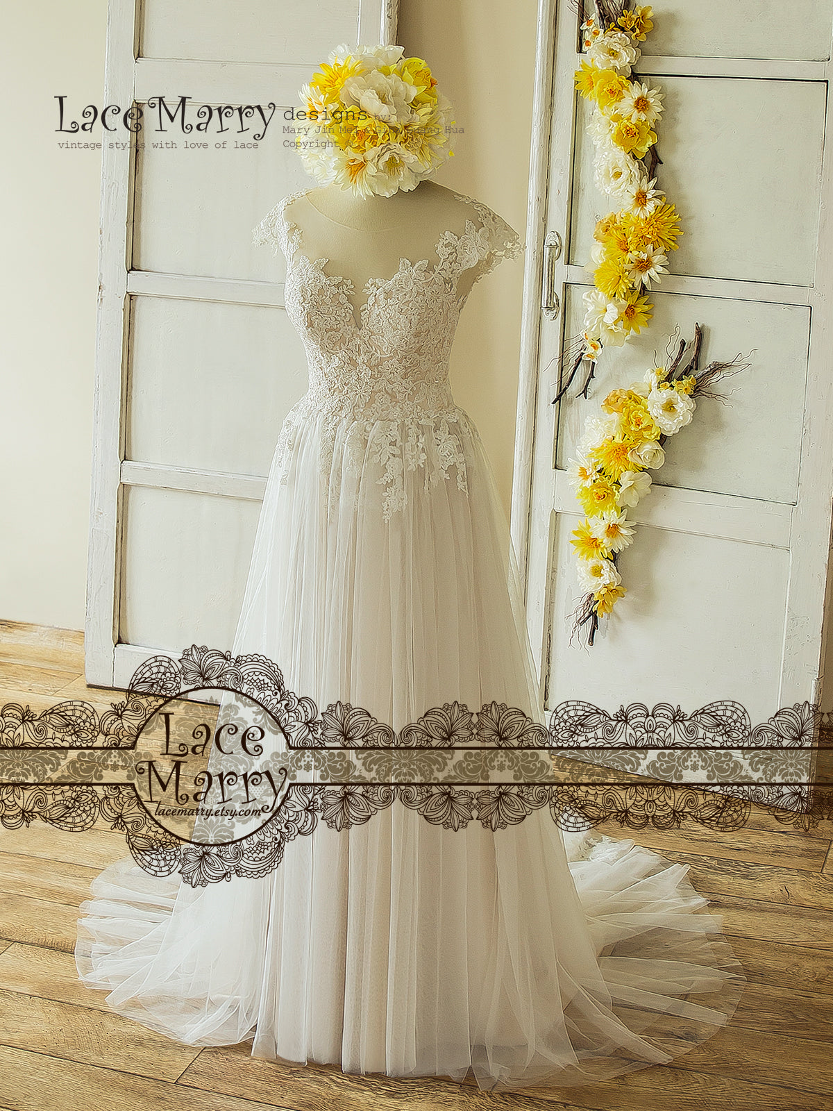 vintage boho style wedding dresses Boho A-Line Wedding Dress with Off Shoulder Illusion Neckline