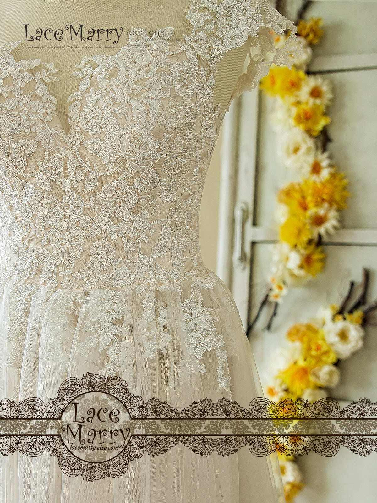 Sheer Lace Neckline Boho Wedding Dress