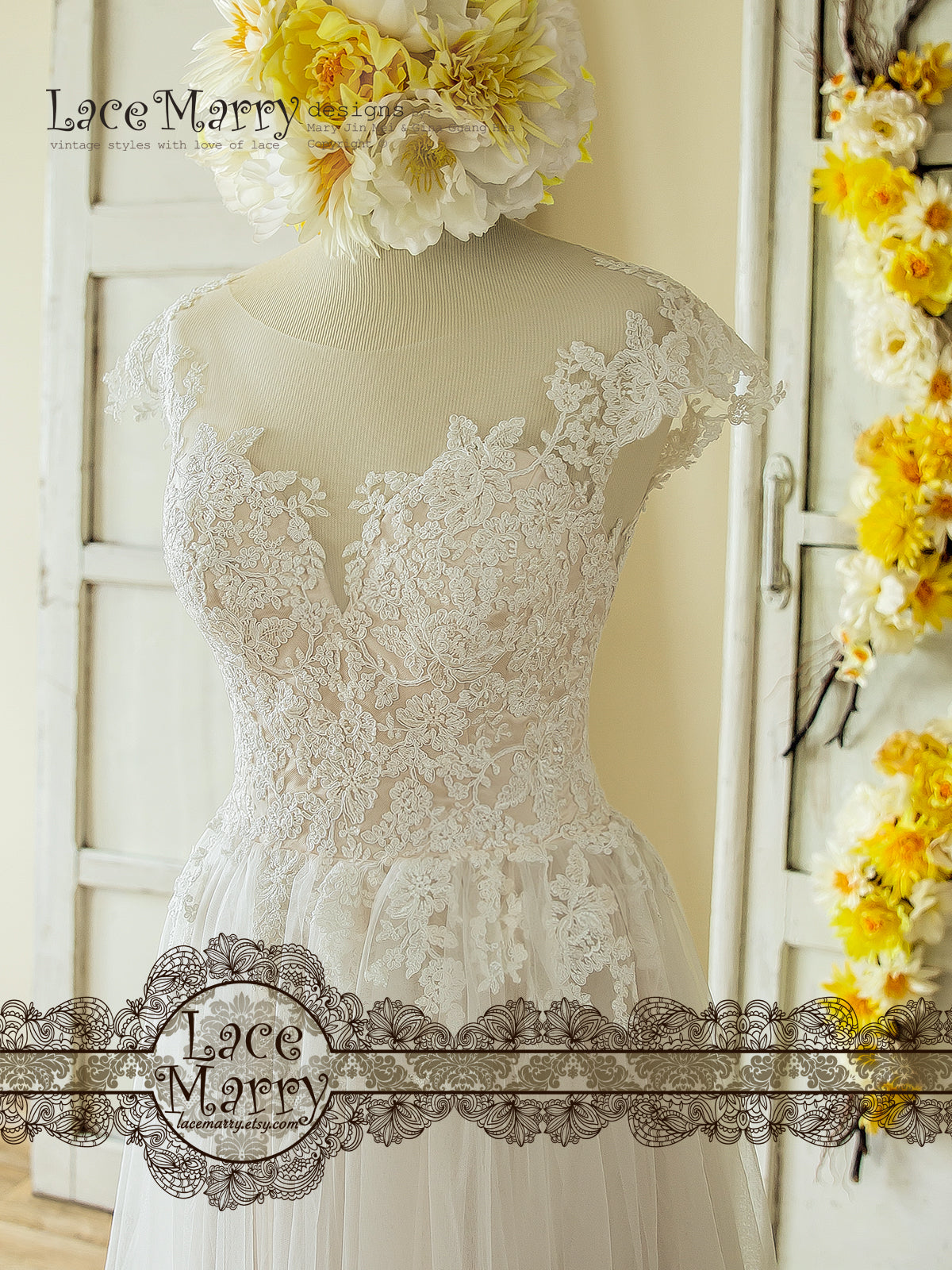 See Through Neckline Flower Apllique Wedding Dress