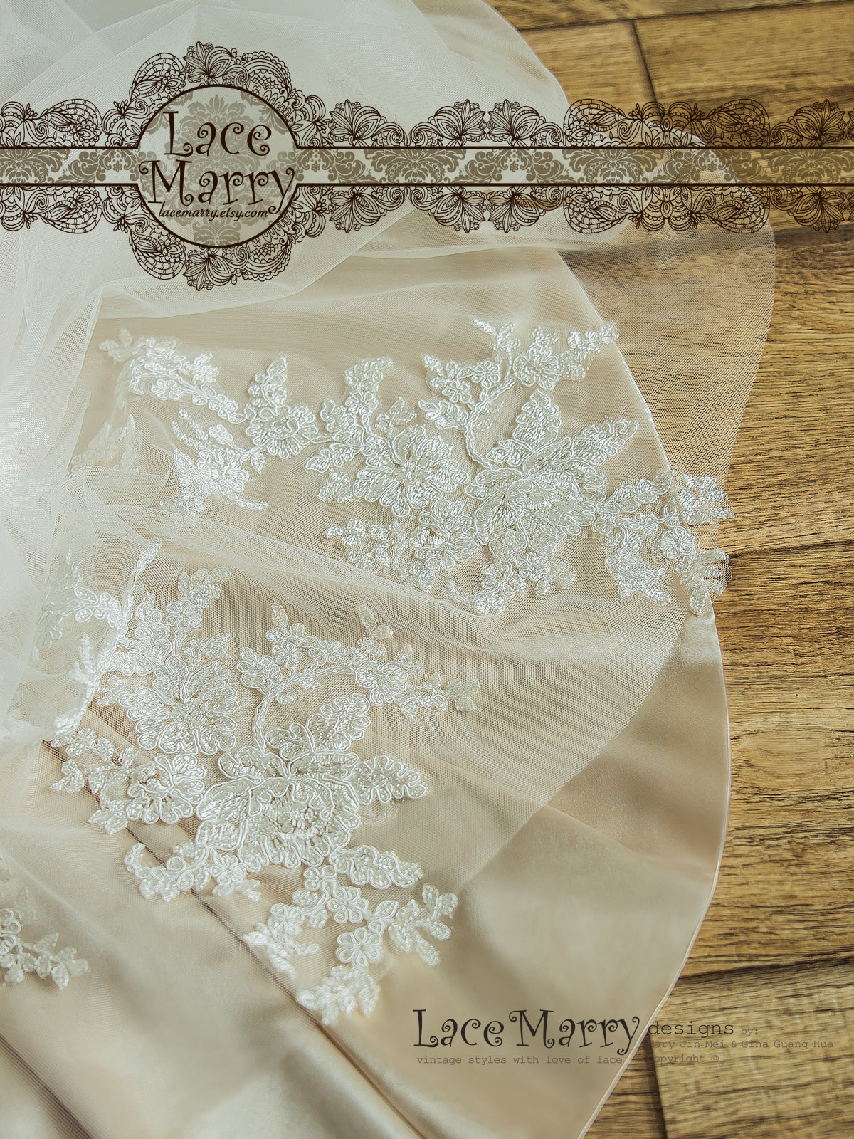 Blush Underlay Wedding Dress with Ivory Flower Appliques