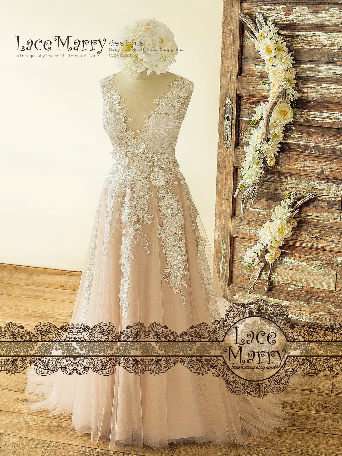 Boho Blush Wedding Dress with Ivory Lace 3D Flower Appliques