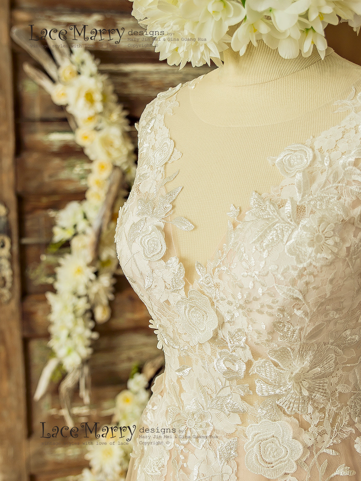 Boho Wedding Dress with Ivory 3D Flower Appliques