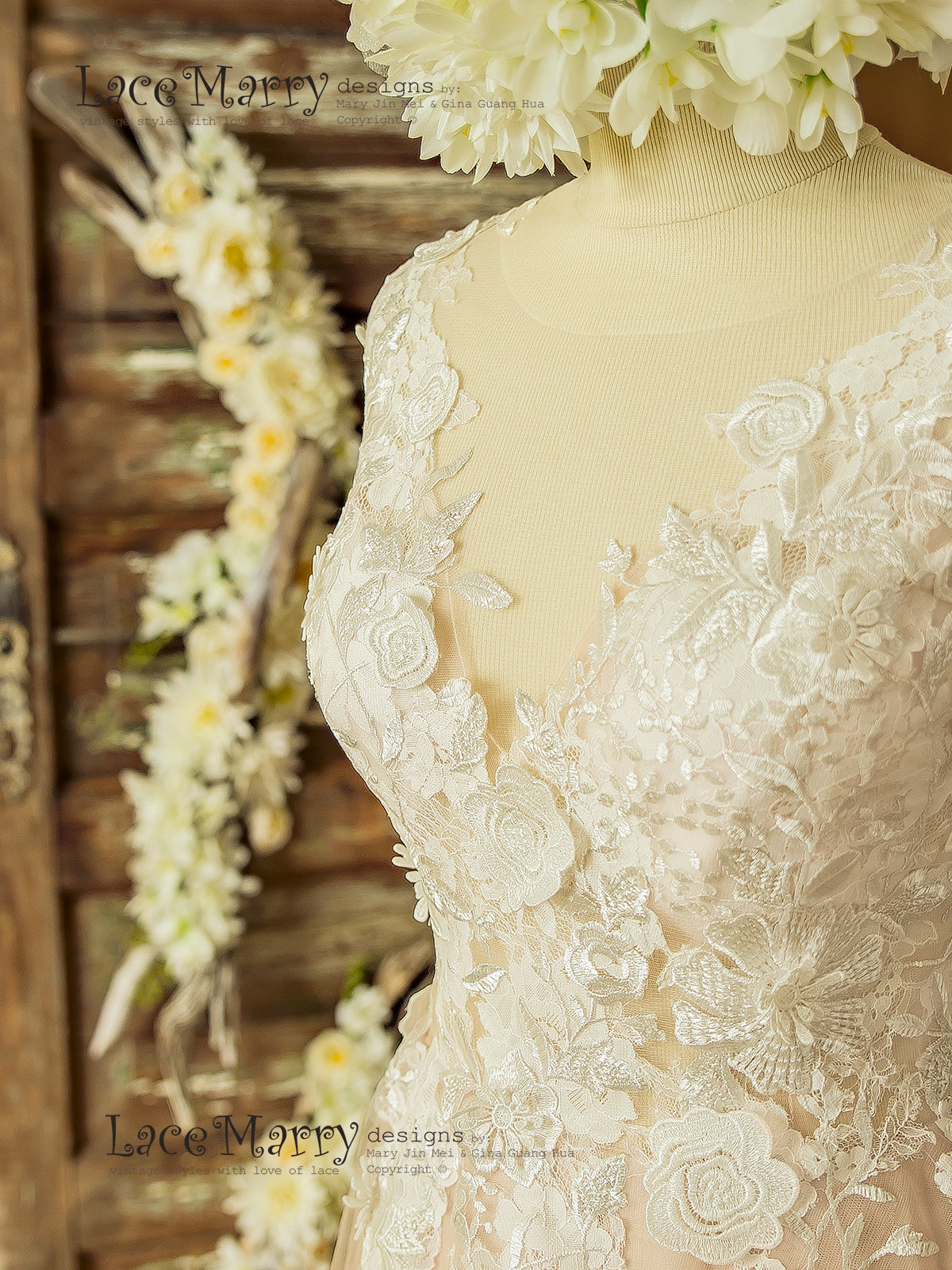 Boho Blush Wedding Dress with Ivory Lace 3D Flower Appliques - LaceMarry Boho Blush Wedding Dress with Ivory Lace 3D Flower Appliques - LaceMarry