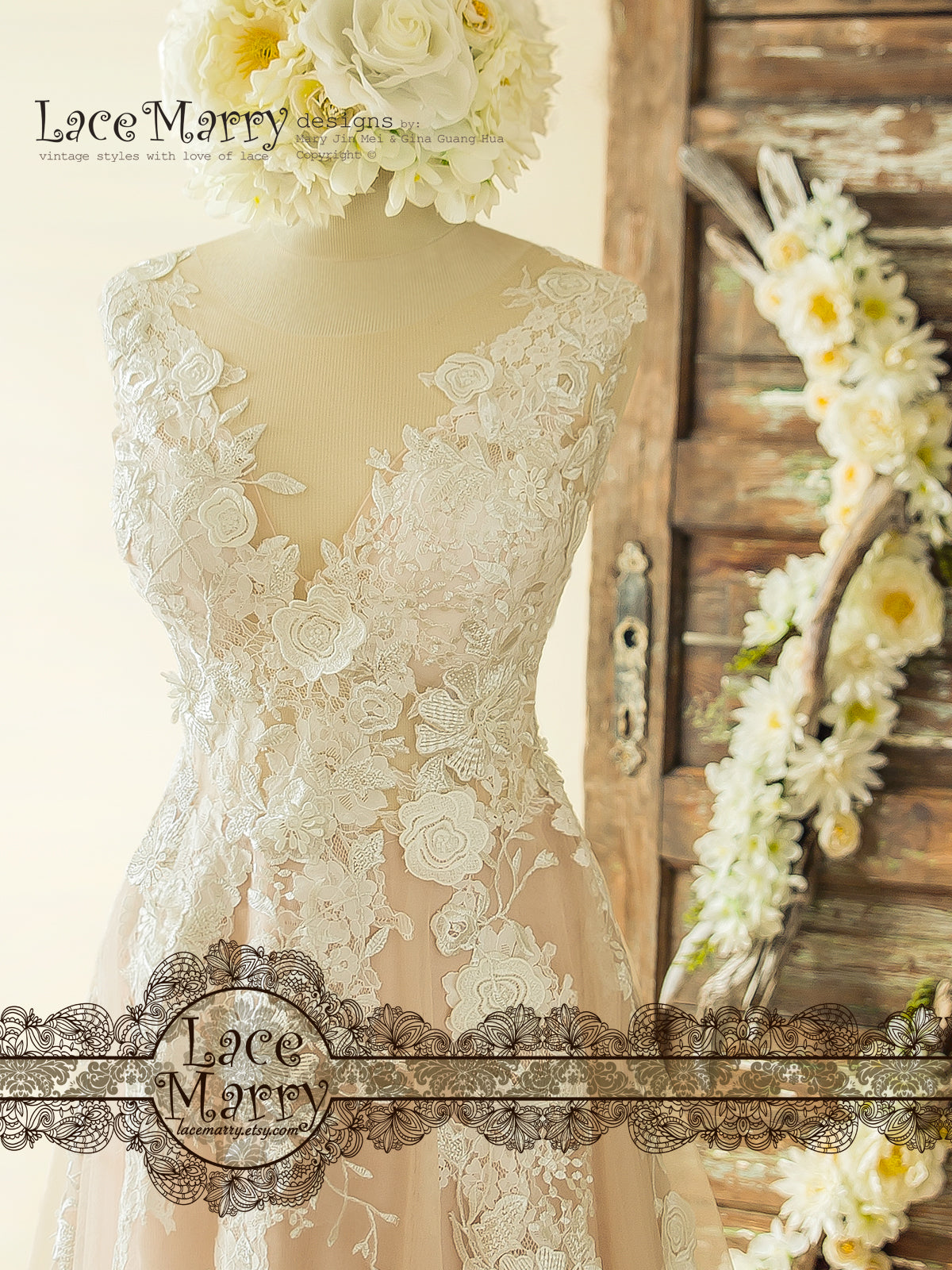 V Cut Illusion Neckline Lace Wedding Dress