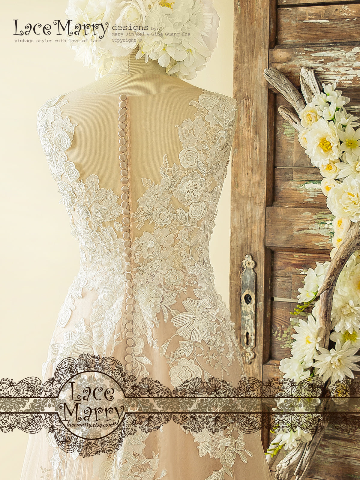 Boho Blush Wedding Dress with Ivory Lace 3D Flower Appliques - LaceMarry Boho Blush Wedding Dress with Ivory Lace 3D Flower Appliques - LaceMarry