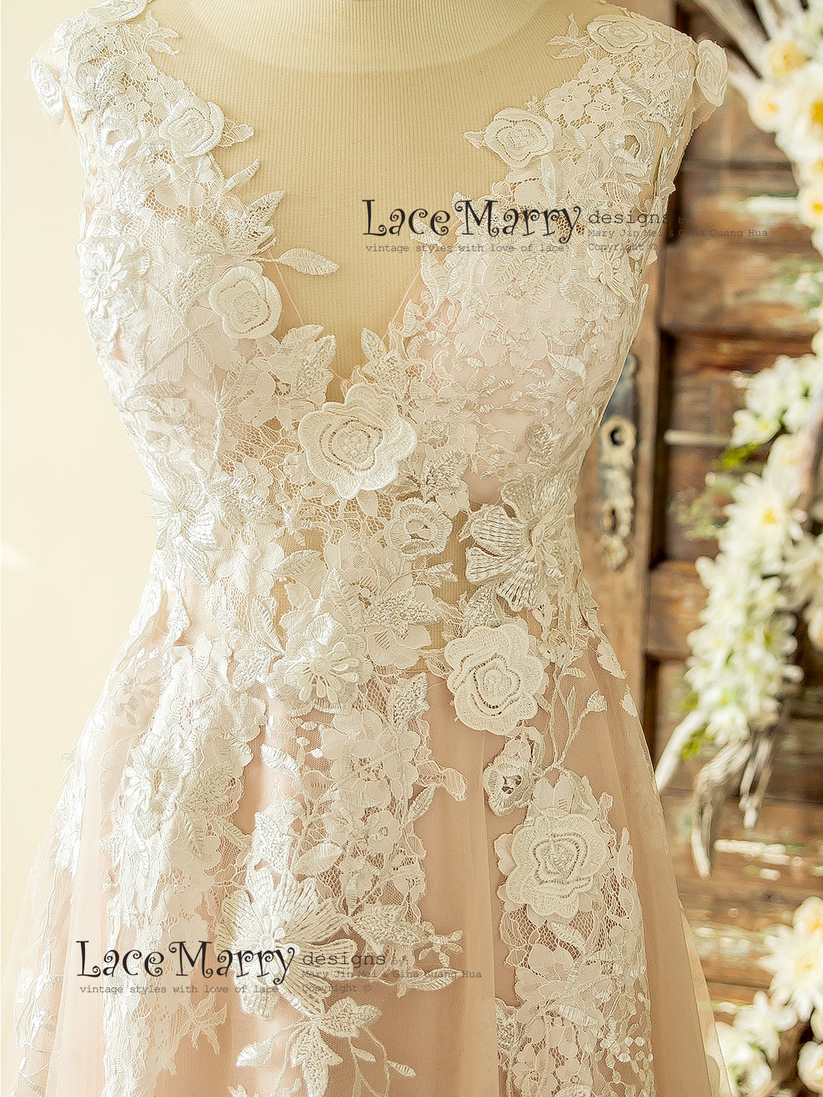 Boho Blush Wedding Dress with Ivory Lace 3D Flower Appliques - LaceMarry Boho Blush Wedding Dress with Ivory Lace 3D Flower Appliques - LaceMarry