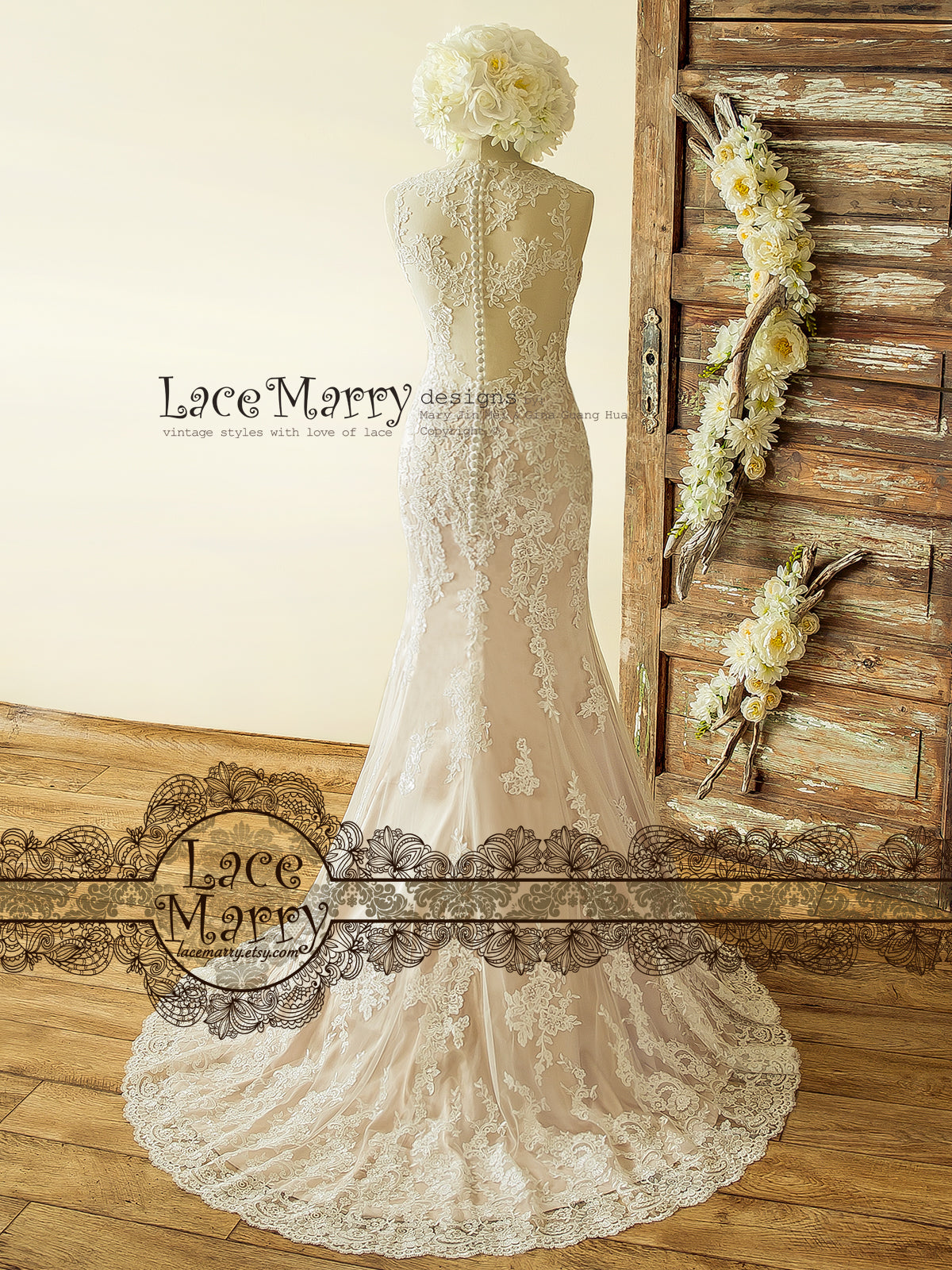 Incredible Blush Wedding Dress from Ivory Lace Flower Appliques - LaceMarry Incredible Blush Wedding Dress from Ivory Lace Flower Appliques - LaceMarry