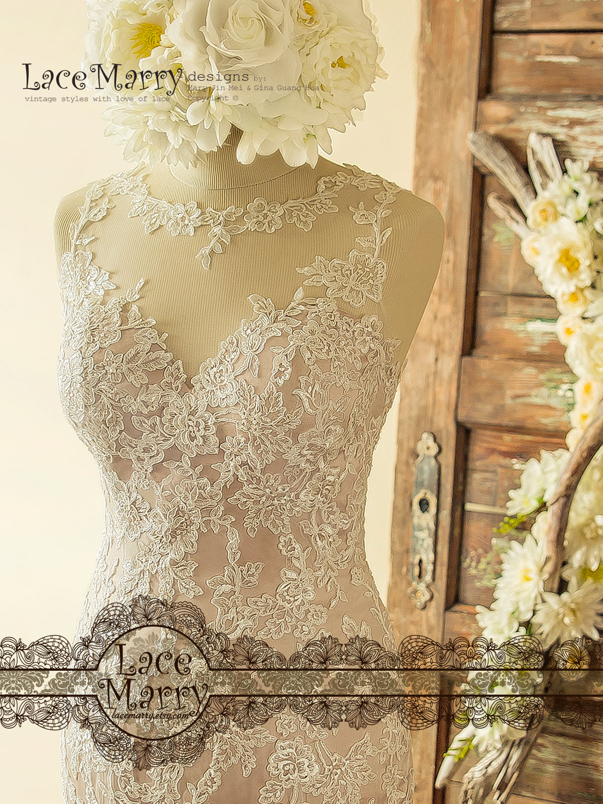 Incredible Blush Wedding Dress from Ivory Lace Flower Appliques - LaceMarry Incredible Blush Wedding Dress from Ivory Lace Flower Appliques - LaceMarry