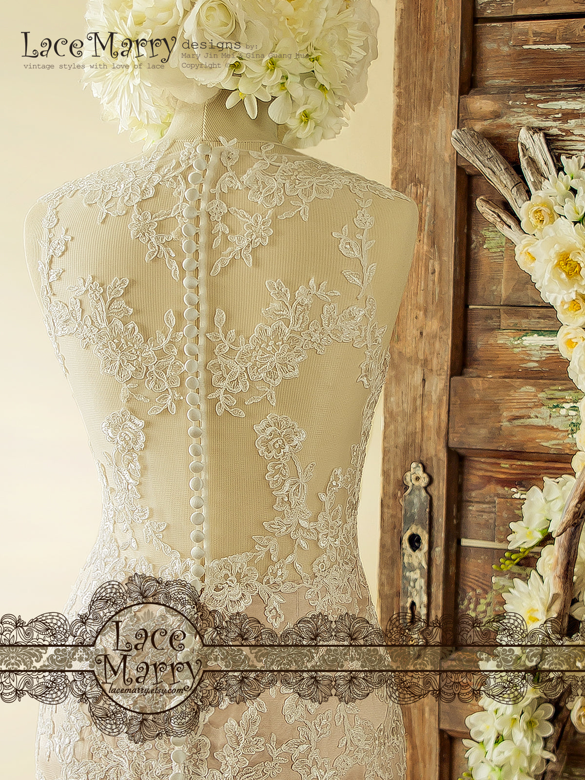 Wedding Dress with Transparent Back and Buttons