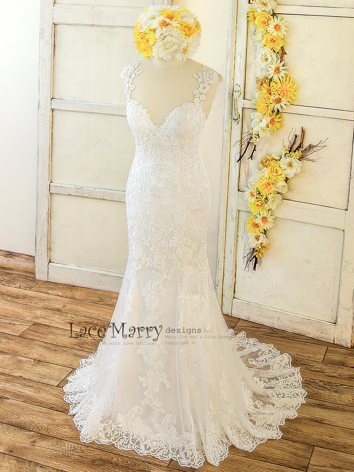 Lace Applique Wedding Dress with Deep Sweetheart Neckline - LaceMarry Lace Applique Wedding Dress with Deep Sweetheart Neckline - LaceMarry