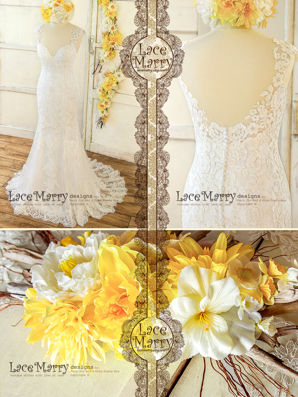 Lace Applique Wedding Dress with Deep Sweetheart Neckline LaceMarry