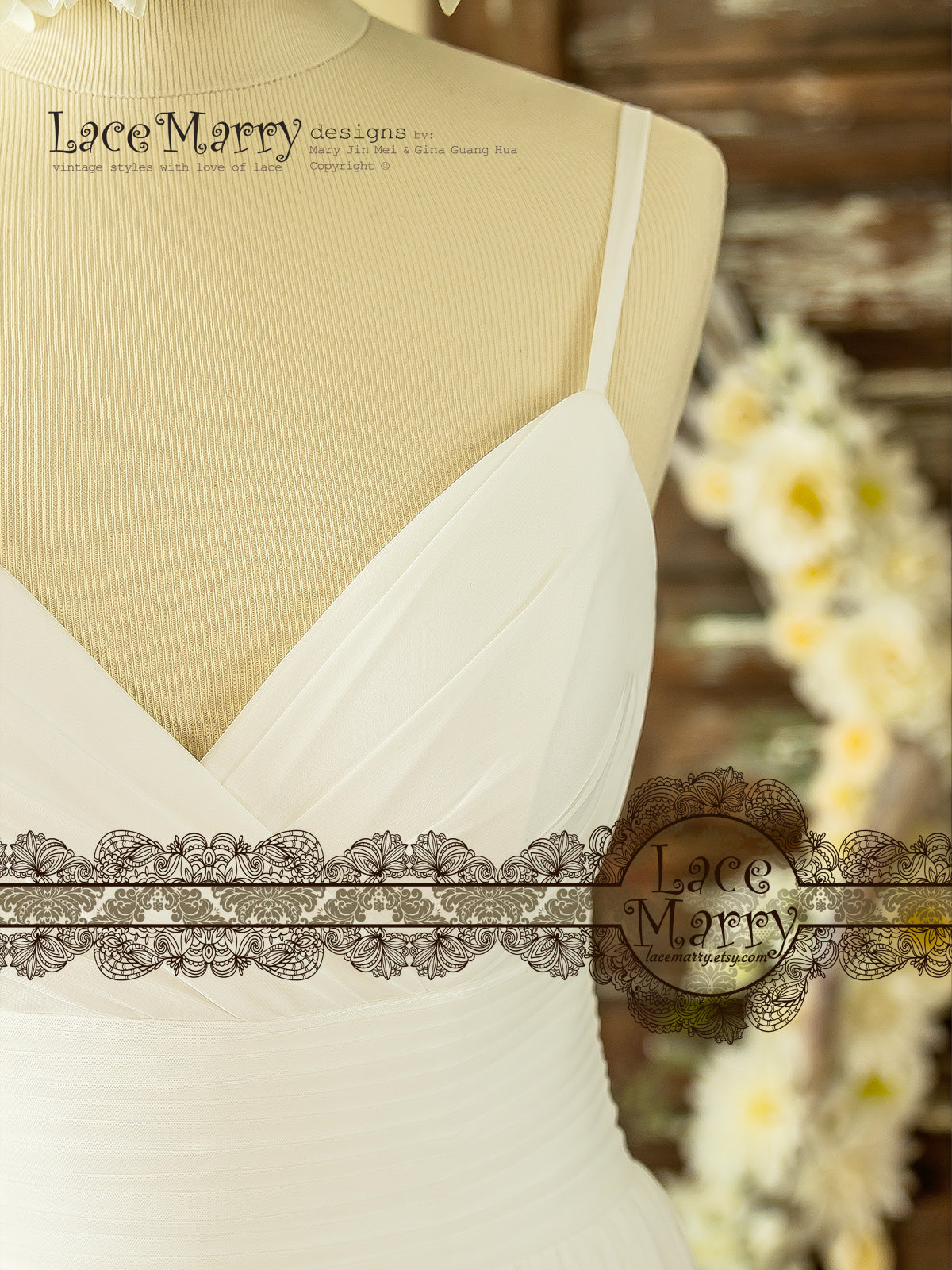 Diamond Neckline Boho Wedding Dress