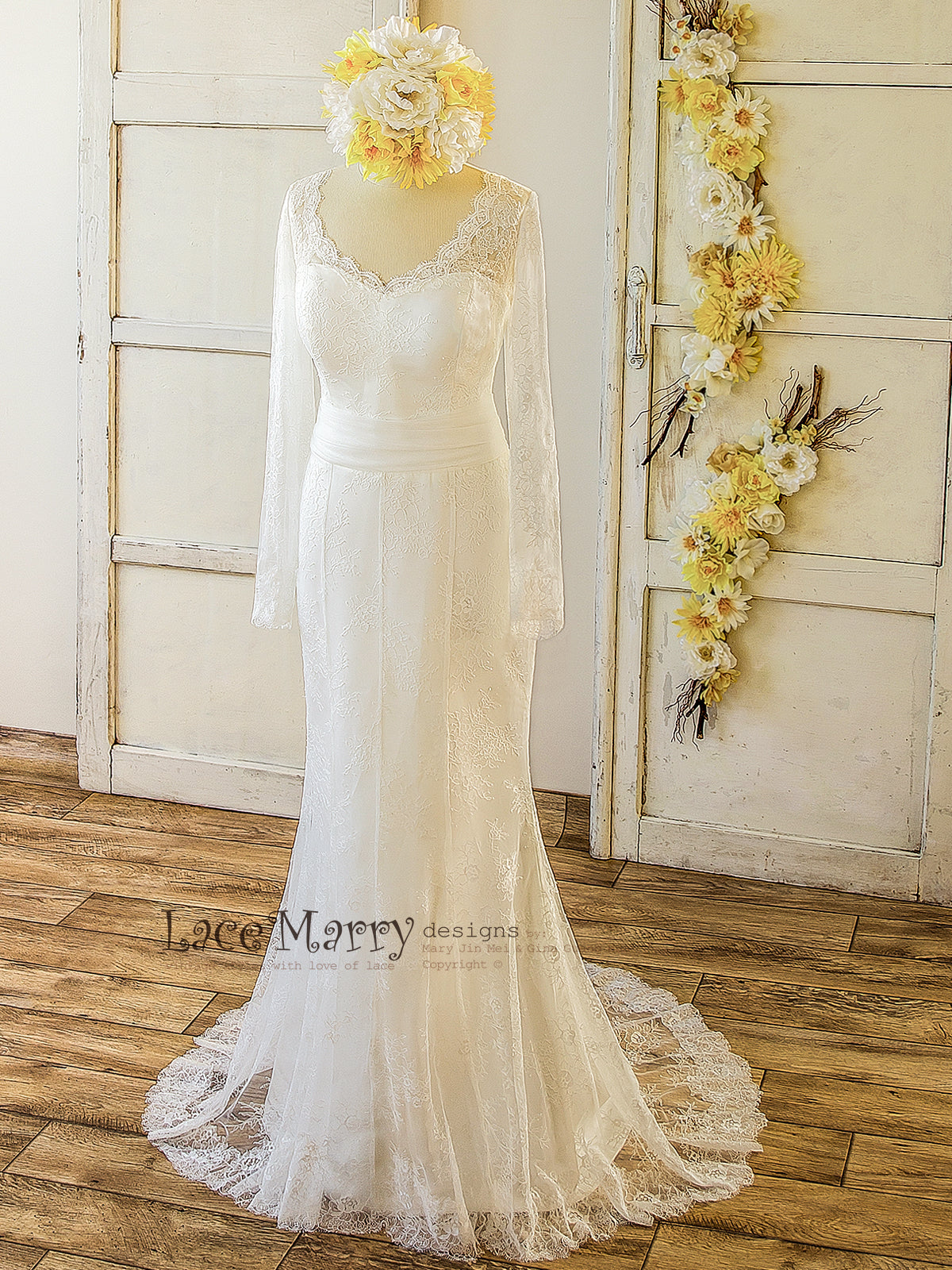 French Lace Wedding Dress with Long Sleeves and V Cut Neckline - LaceMarry French Lace Wedding Dress with Long Sleeves and V Cut Neckline - LaceMarry