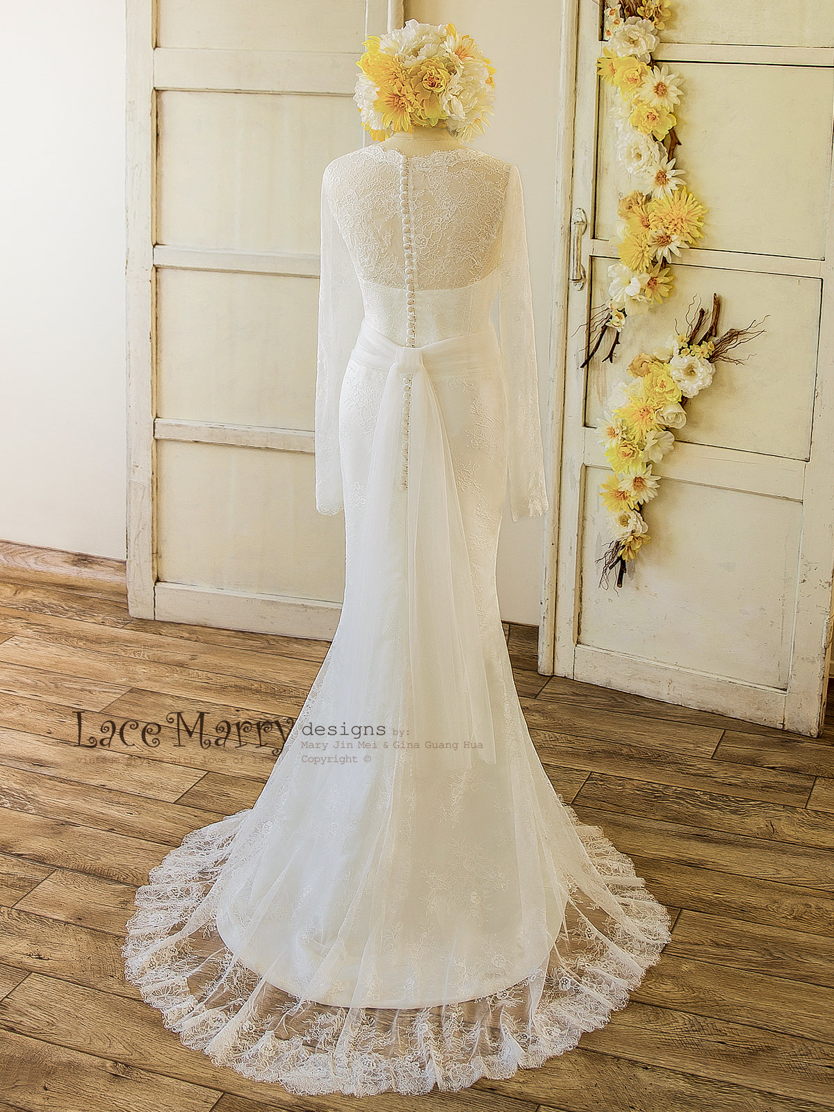 French Lace Wedding Dress with Long Sleeves and V Cut Neckline