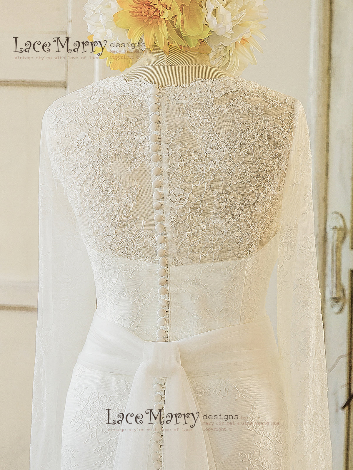 French Lace Wedding Dress with Long Sleeves and V Cut Neckline - LaceMarry French Lace Wedding Dress with Long Sleeves and V Cut Neckline - LaceMarry