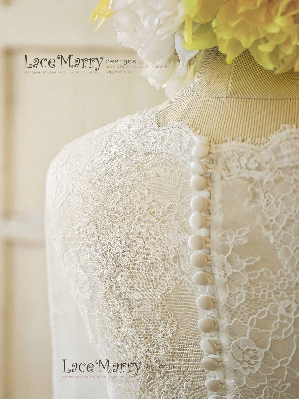 Lace Wedding Dress with Full Lace Back and Buttons