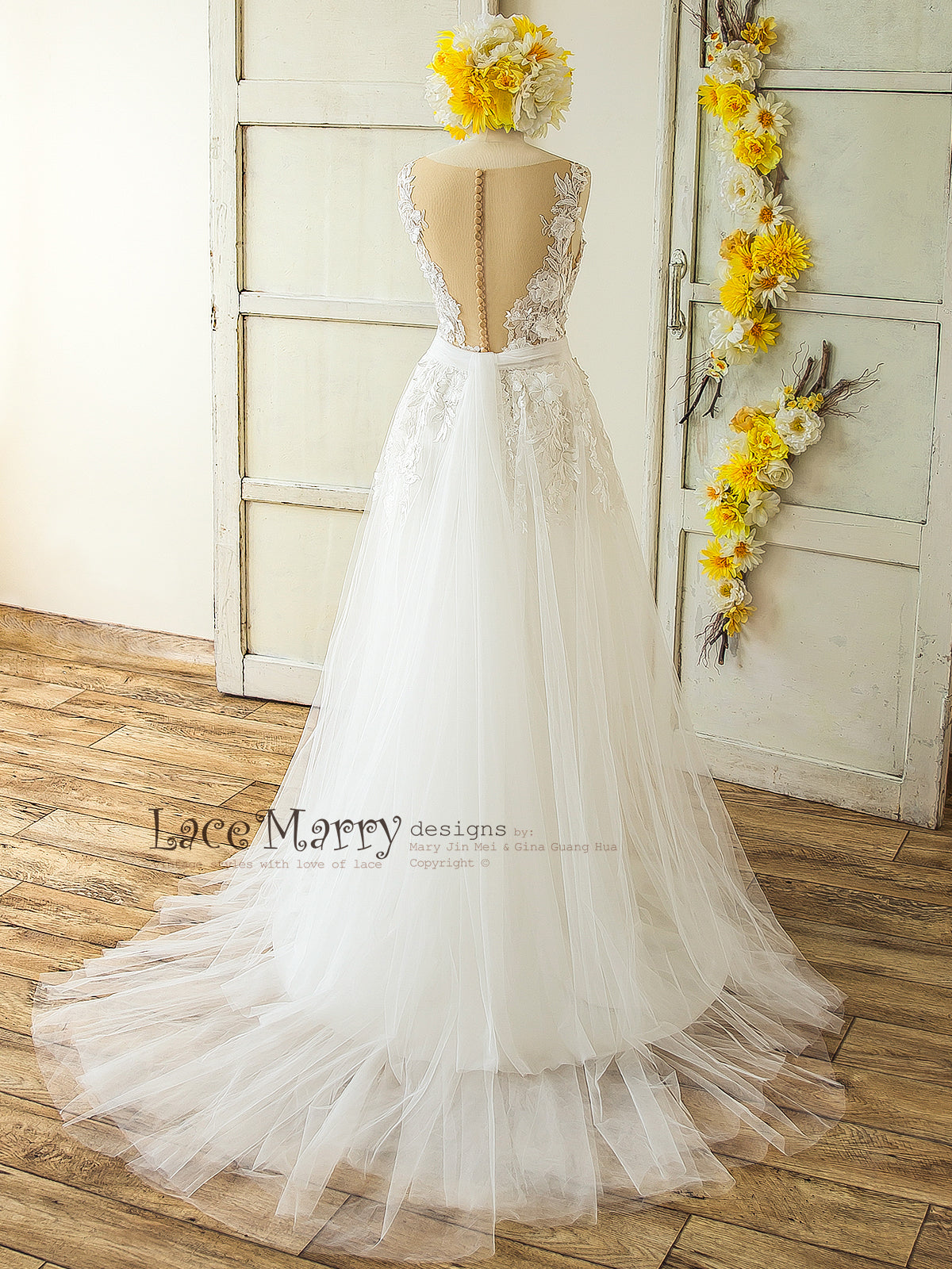 sheer dress wedding Sheer-Sleeved Deep V-Neck Wedding Dress with Floral Accents and Graceful Train Custom Made