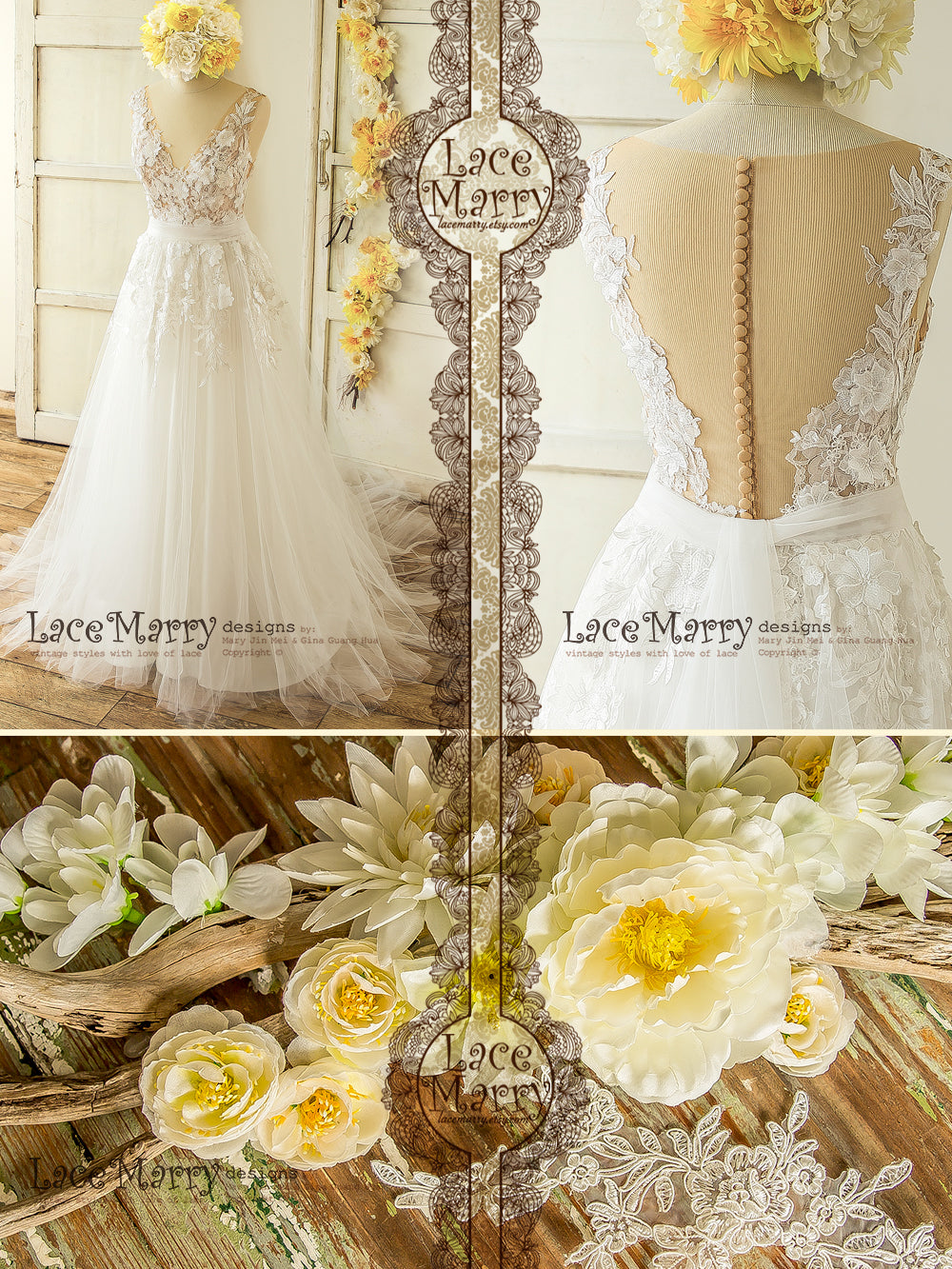 3D Lace Boho Wedding Dress with Sheer Nude Top - LaceMarry 3D Lace Boho Wedding Dress with Sheer Nude Top - LaceMarry