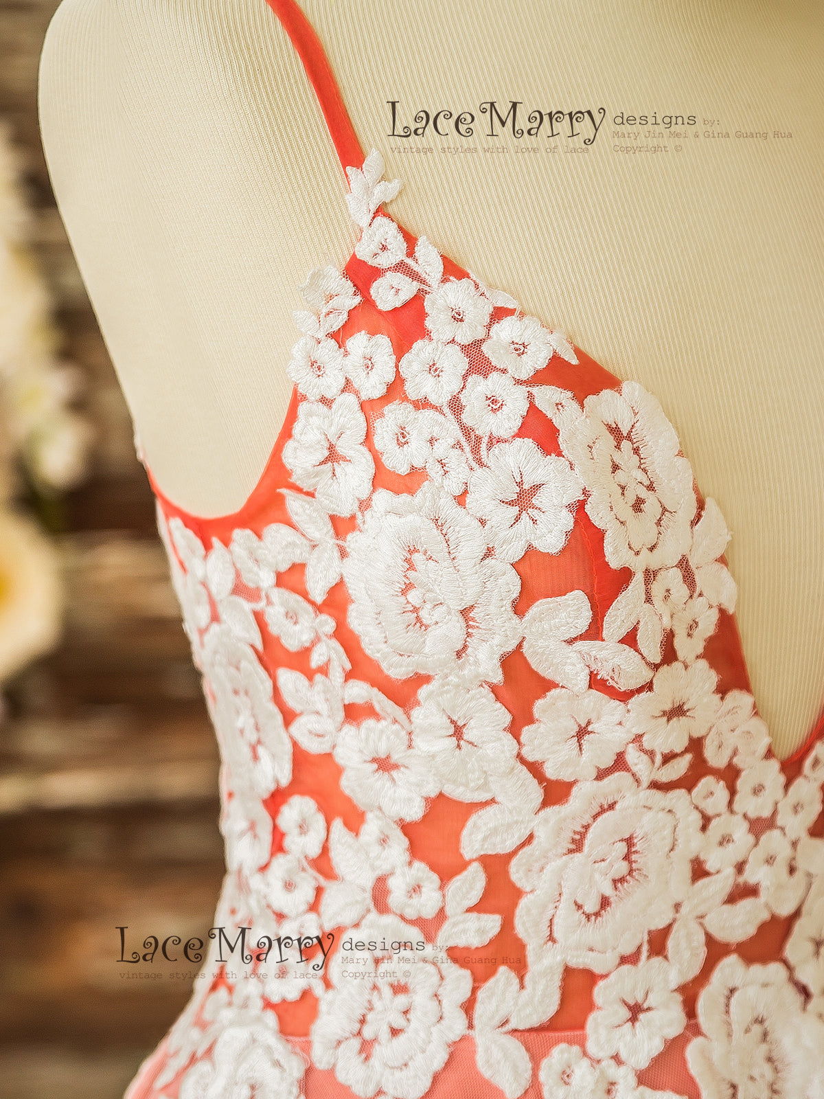 Flower Applique Wedding Dress in Coral Color