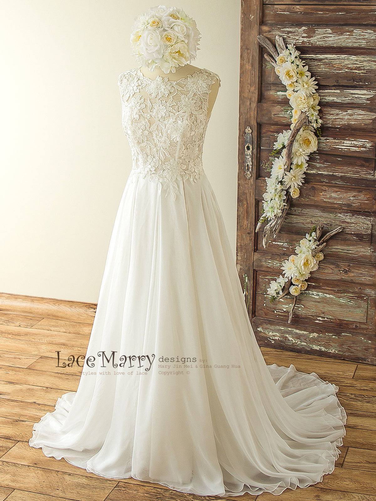 Romantic 3D Lace Wedding Dress in Bohemian Style with Sheer Sweetheart Top - LaceMarry Romantic 3D Lace Wedding Dress in Bohemian Style with Sheer Sweetheart Top - LaceMarry