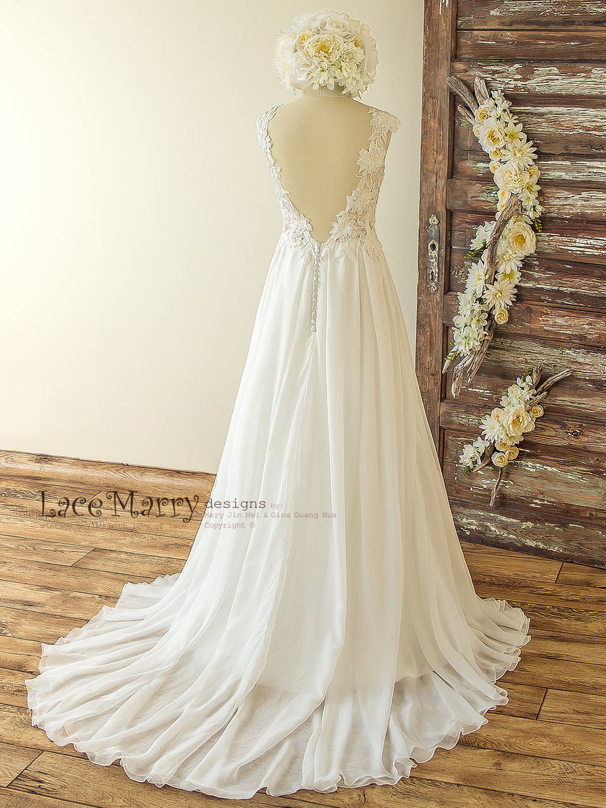 Romantic 3D Lace Wedding Dress in Bohemian Style with Sheer Sweetheart Top - LaceMarry Romantic 3D Lace Wedding Dress in Bohemian Style with Sheer Sweetheart Top - LaceMarry
