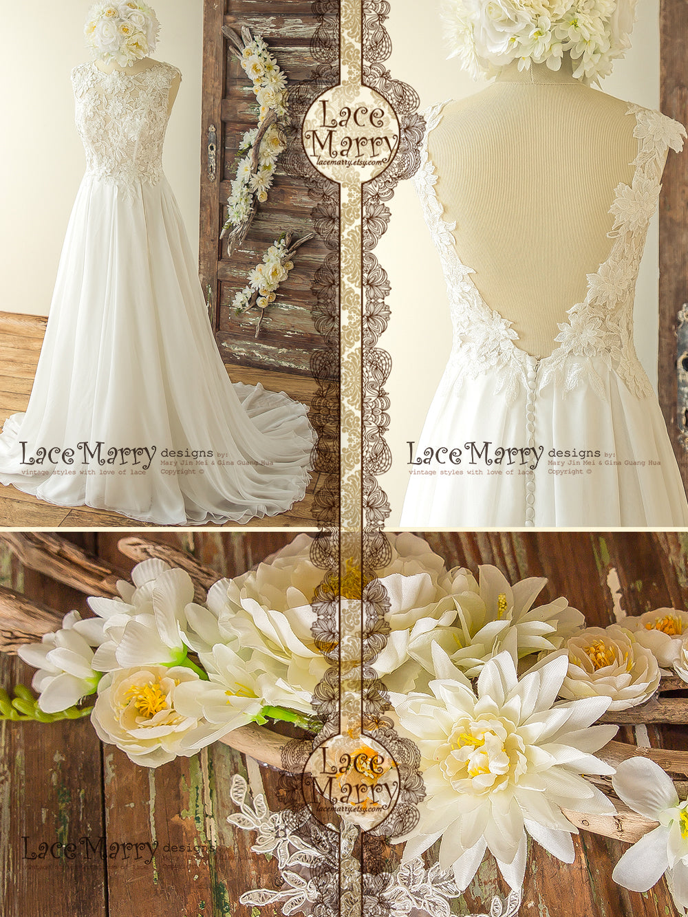 A Line Boho Wedding Dress with 3D Flower Appliques and Lace Pieces