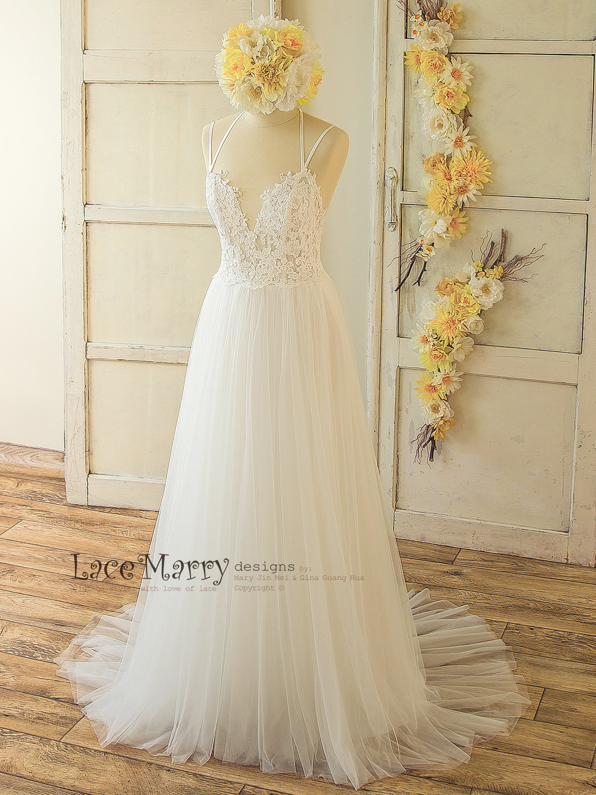 Elegant Wedding Dress with Cross Design Straps Featuring Sheer