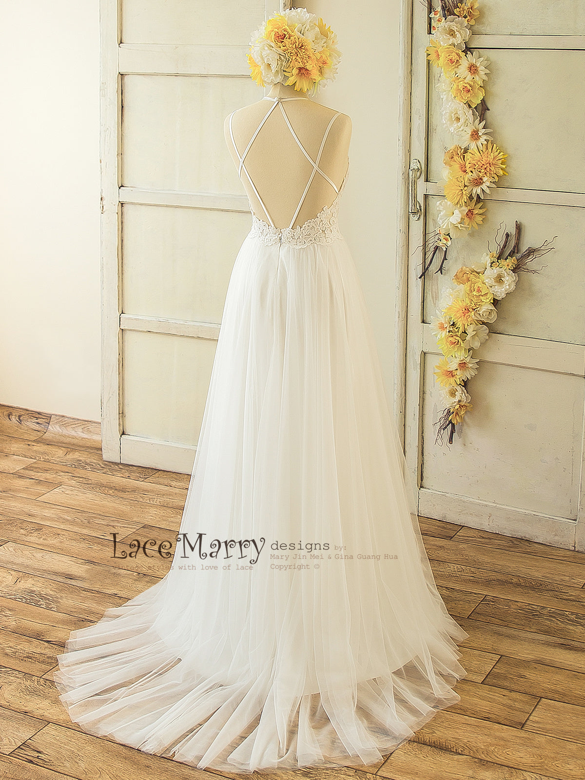 Elegant Wedding Dress with Cross Design Straps Featuring Sheer