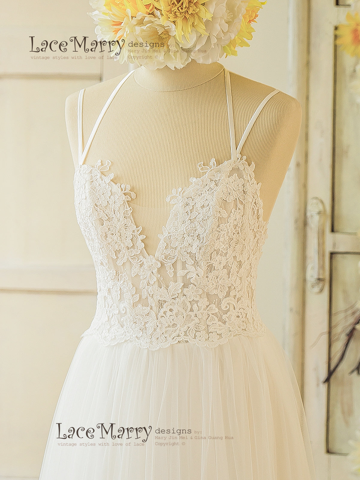 Wedding Dress with Sheer Bodice and Deep Sexy Neckline Cut