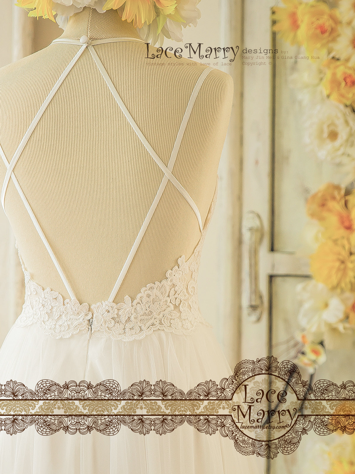 Bohemian Lace Wedding Dress with Open Back Design