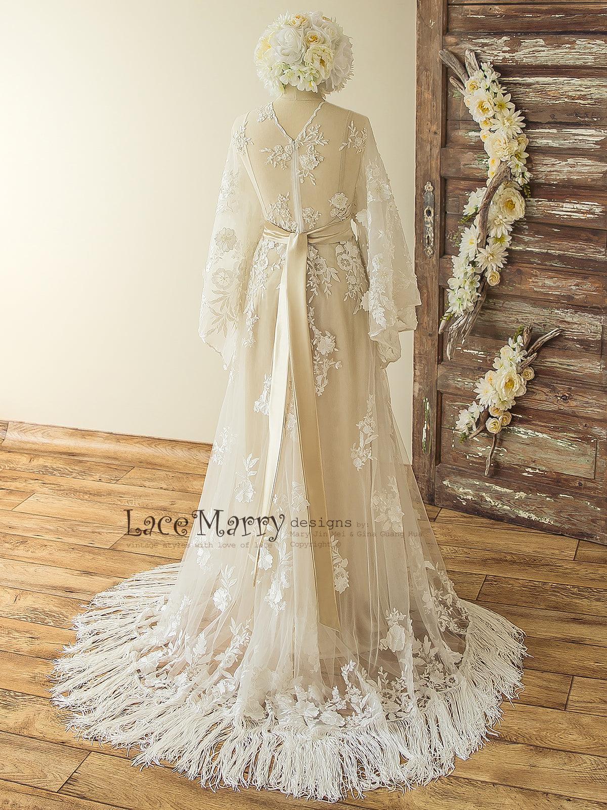 bohemian vintage lace wedding dress Custom Made Vintage Lace Boho Wedding Gown