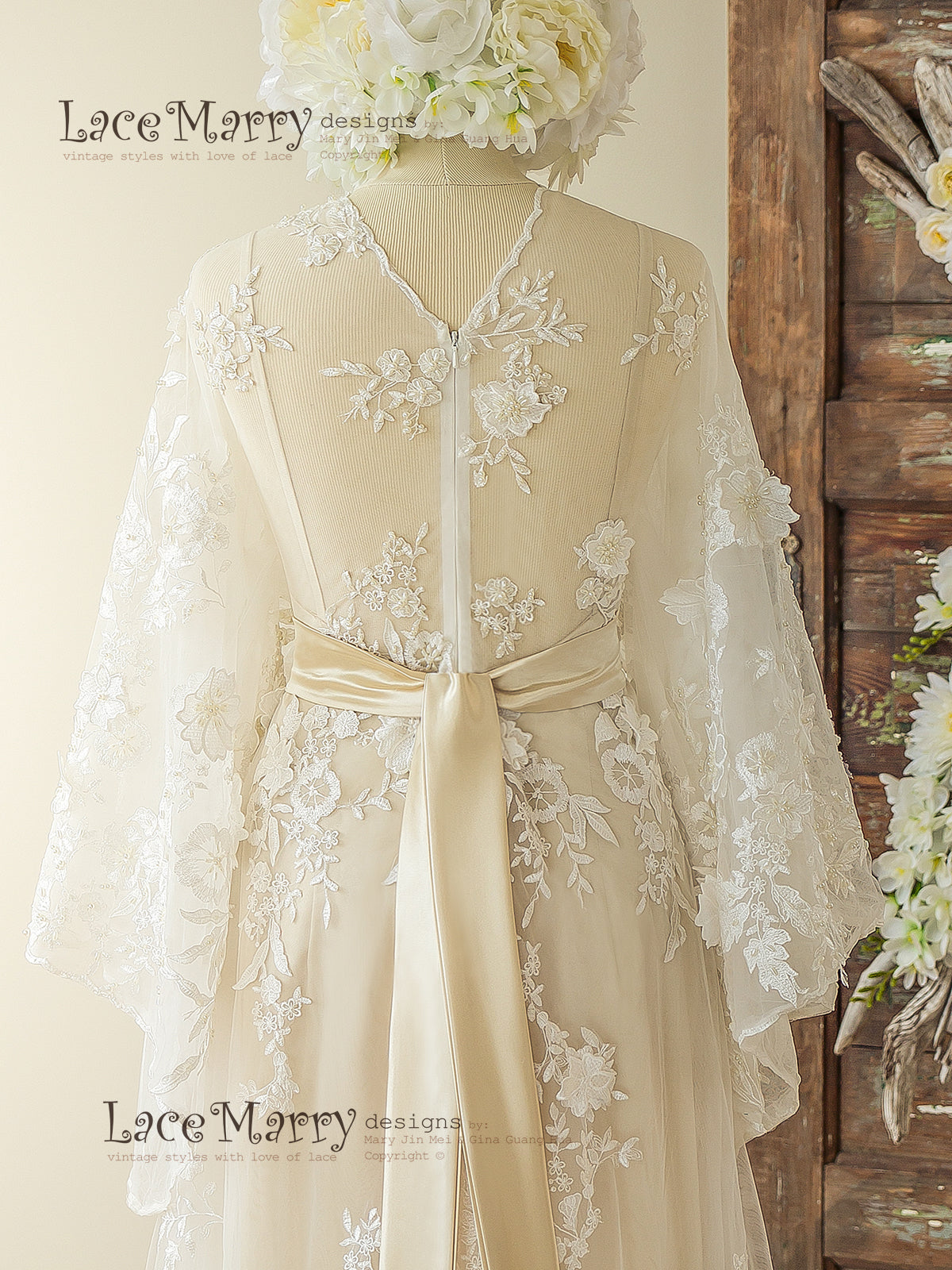 Bohemian Lace Wedding Dress with Ivory 3D Appliqu in Kaftan Style - LaceMarry Bohemian Lace Wedding Dress with Ivory 3D Appliqu in Kaftan Style - LaceMarry