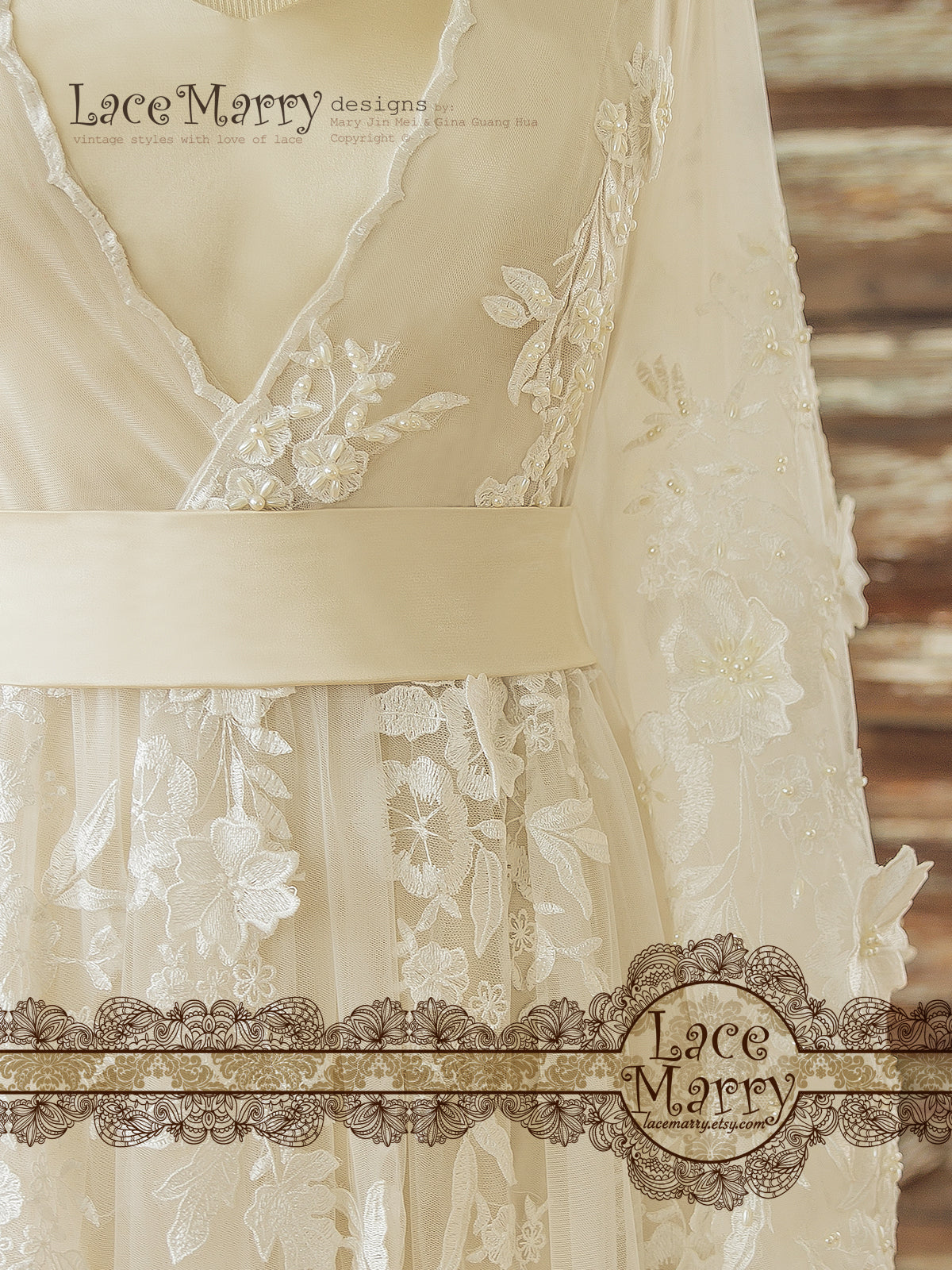 Detachable Silk Satin Sash on Lace Wedding Dress