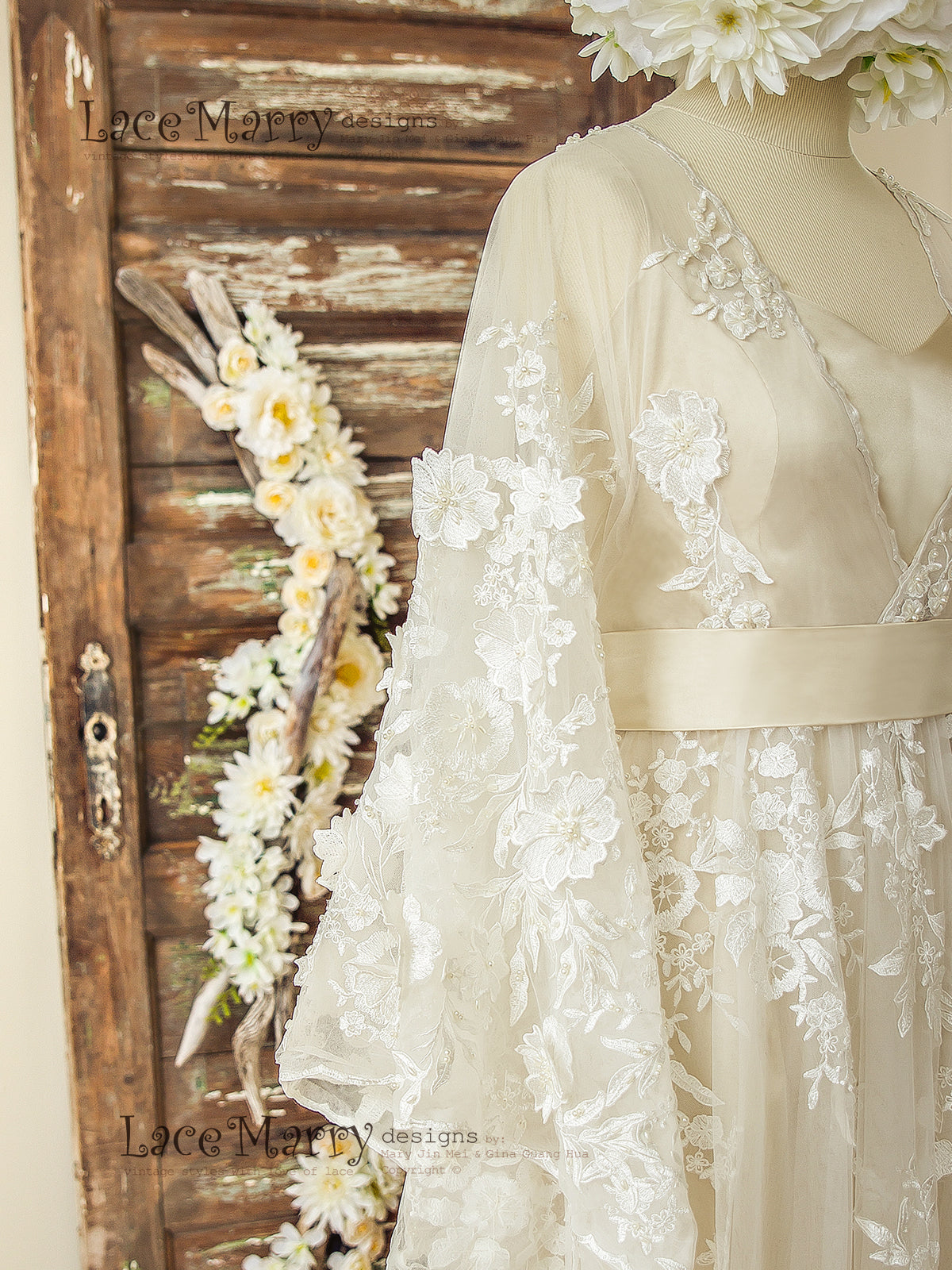 Bohemian Lace Wedding Dress with Ivory 3D Appliqu in Kaftan Style - LaceMarry Bohemian Lace Wedding Dress with Ivory 3D Appliqu in Kaftan Style - LaceMarry