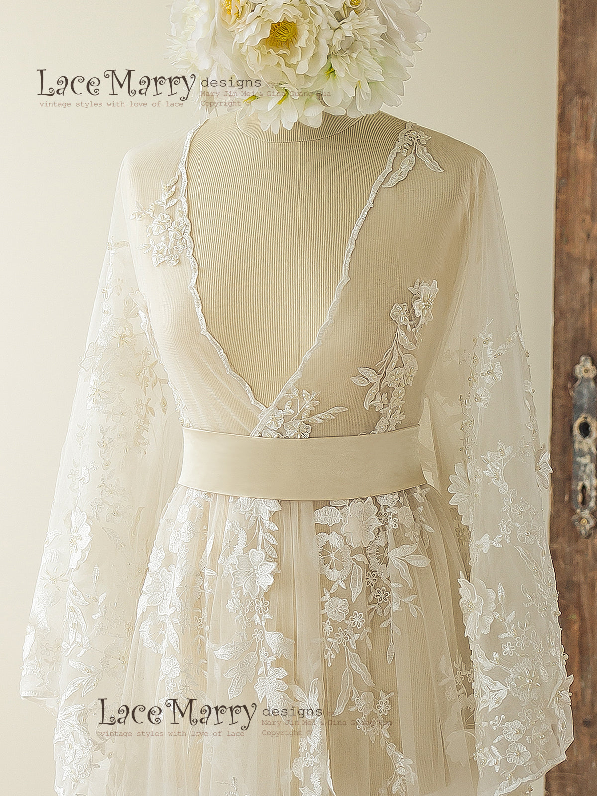 Lace Overgown with Kimono Sleeves Wedding Dress