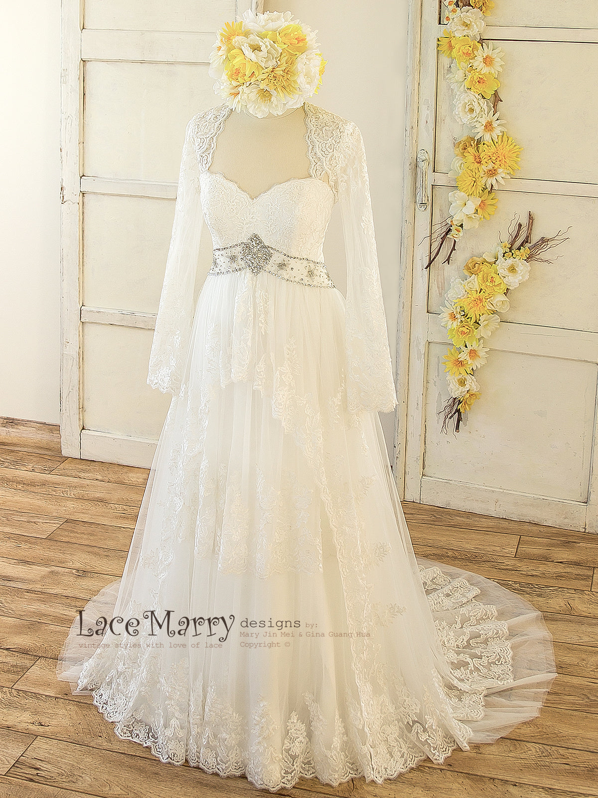 A Line Lace Wedding Dress with Removable Lace Bolero