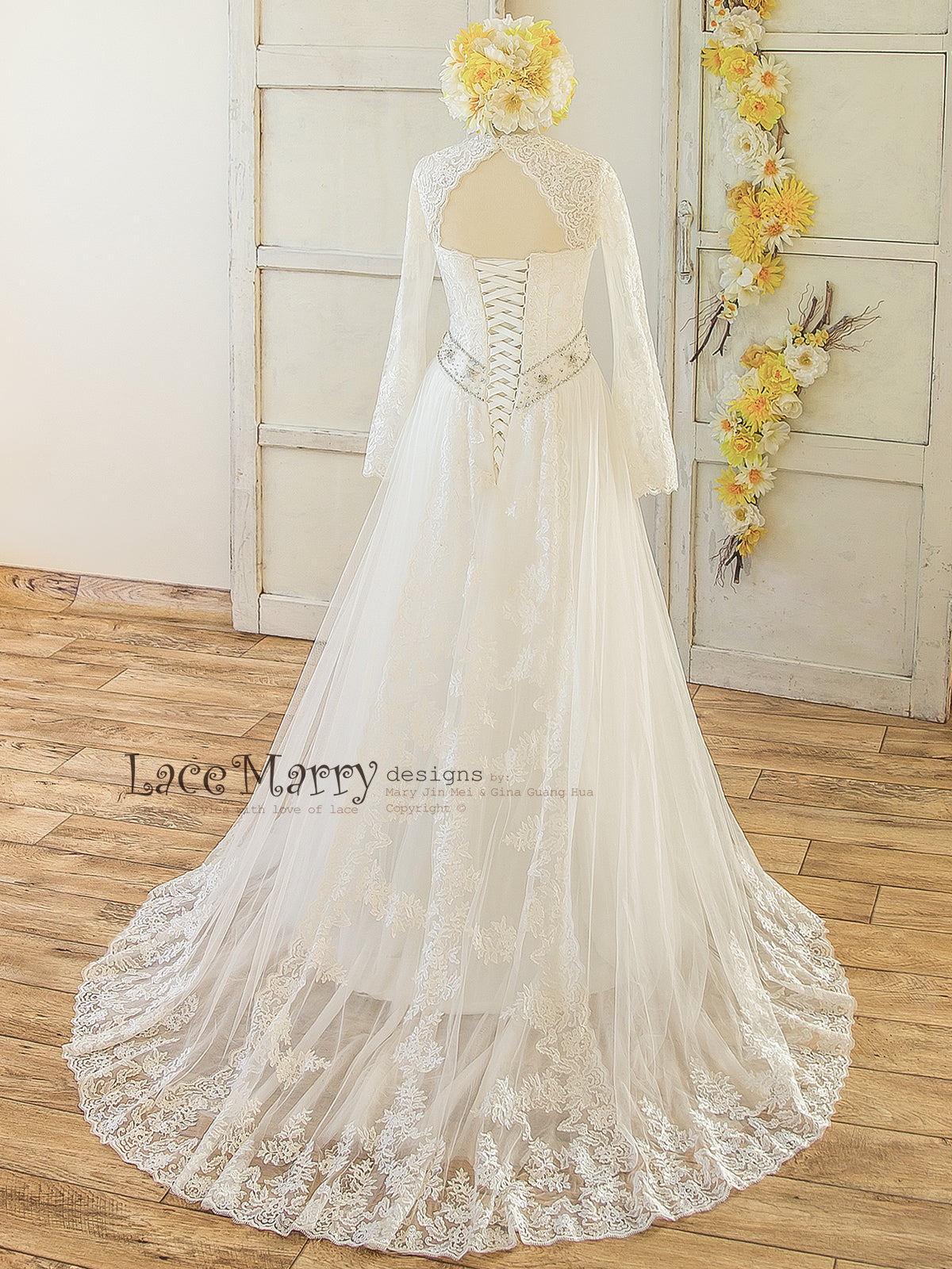 A Line Lace Wedding Dress with Long Train