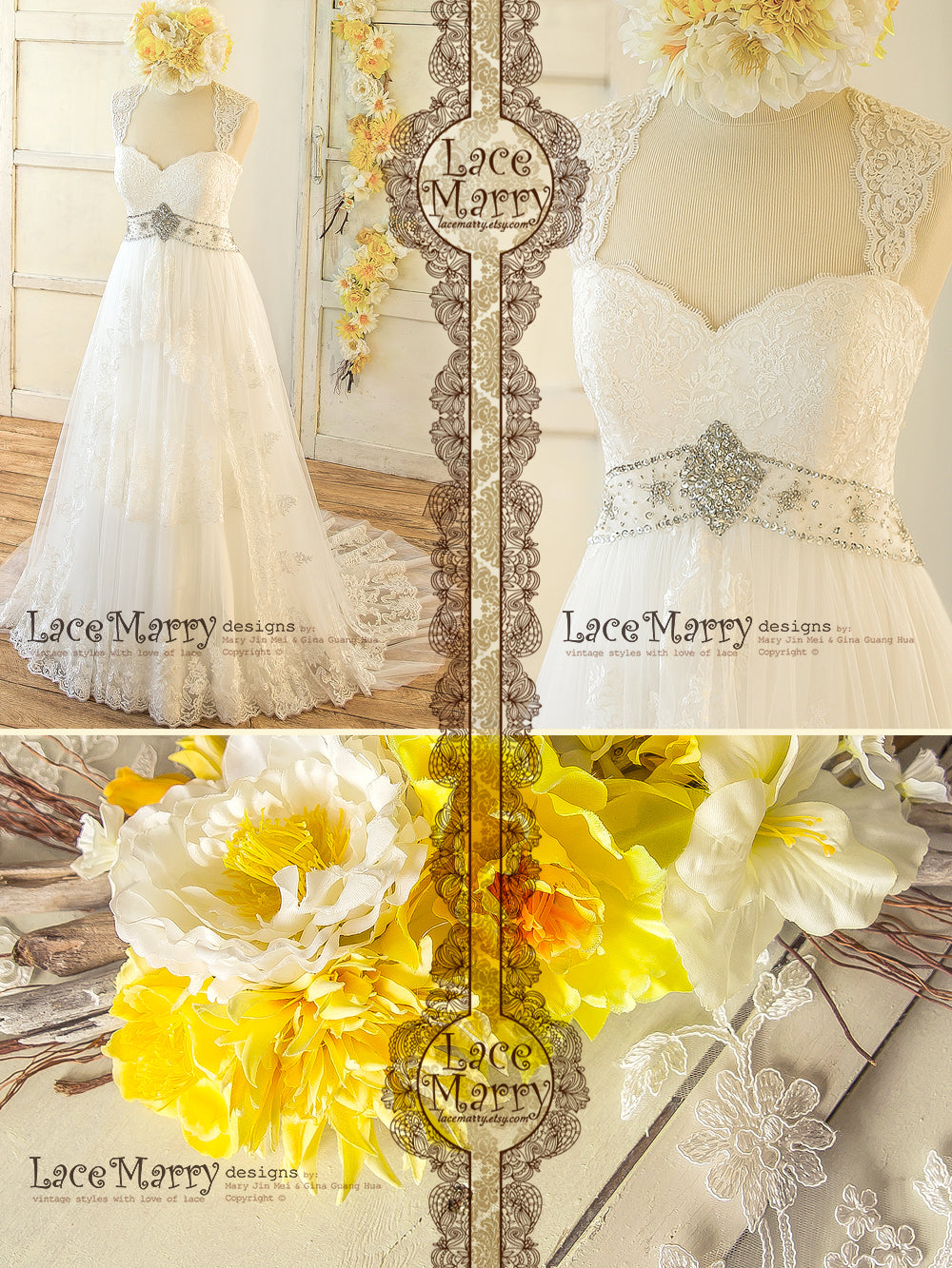 Bohemian A Line Lace Wedding Dress with Removable Lace Bolero