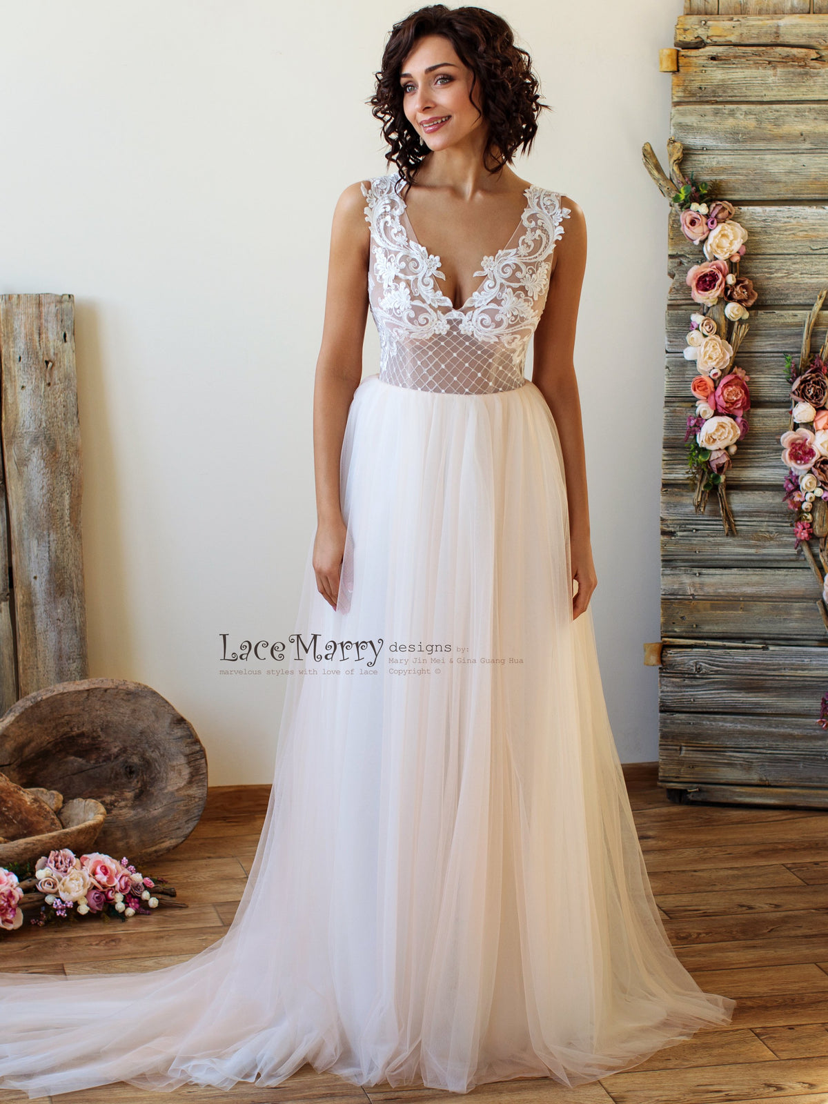 A Line Beach Wedding Dress with Airy Tulle Skirt