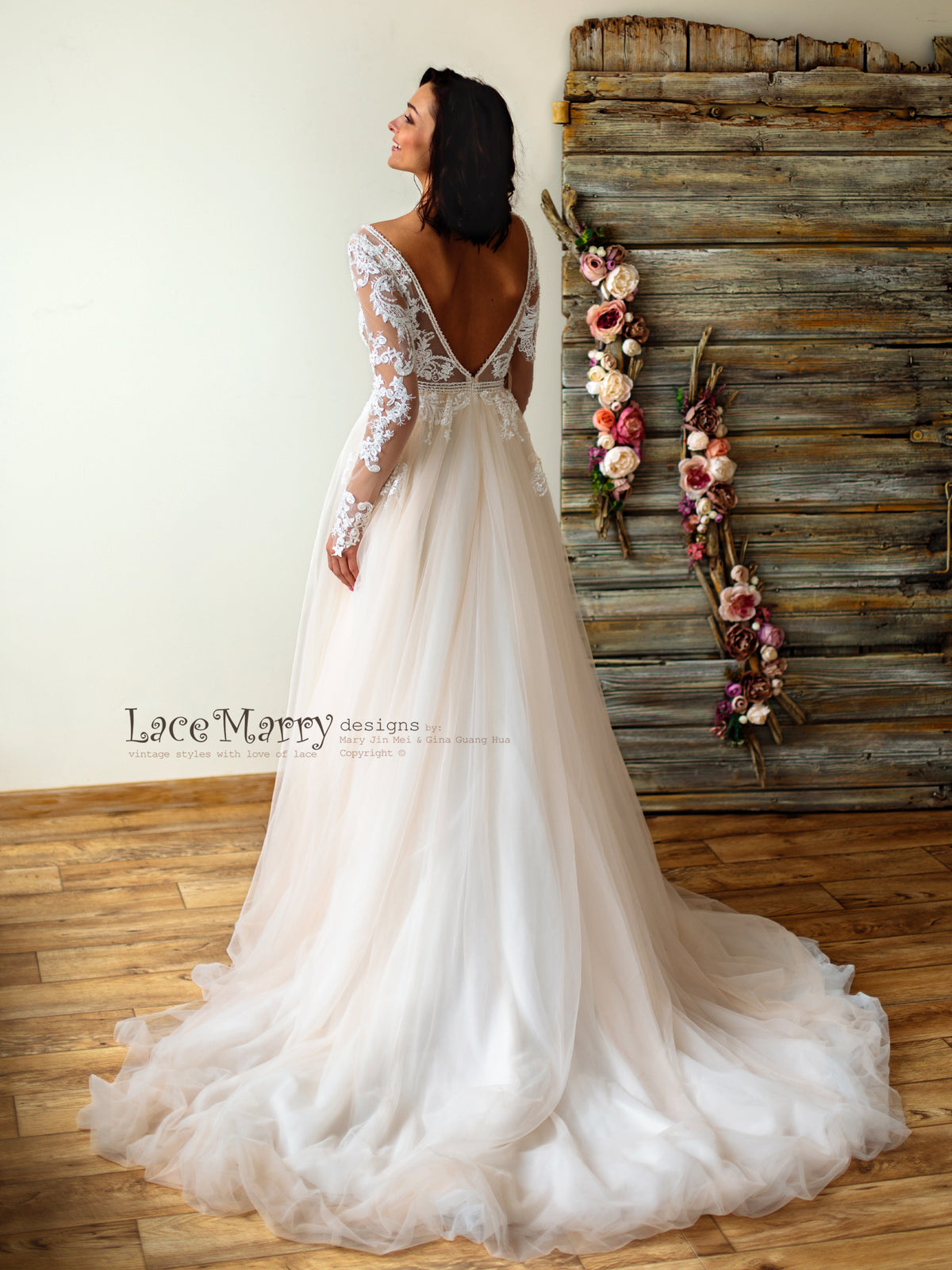 Ombre Wedding Dress in Nude Tulle and Ivory Applique - LaceMarry Ombre Wedding Dress in Nude Tulle and Ivory Applique - LaceMarry